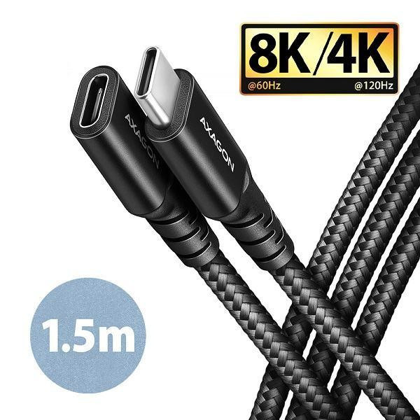 AXAGON BUCM32-CF15AB predlžovací kábel USB-C (M) <-> USB-C (F), 1,5 m, USB 20 Gbps, PD 240 W 5 A, 8 K HD, ALU, oplet, čierny