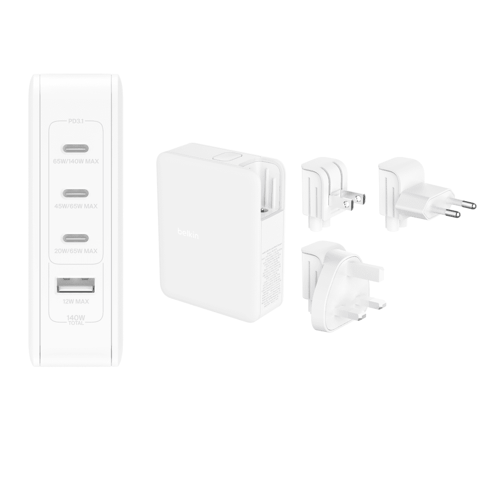 Belkin BOOST CHARGE™ 140W 4-portová USB-C Power Delivery GaN PPS nástenná nabíjačka + UK, EU, US adaptéry, biela