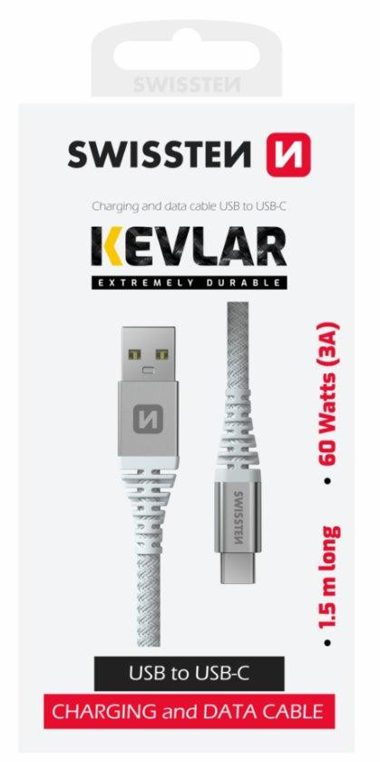 SWISSTEN DÁTOVÝ KÁBEL KEVLAR USB / USB-C 1,5 M BIELÝ