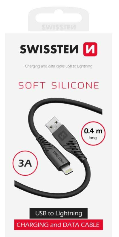 SWISSTEN DÁTOVÝ KÁBEL SOFT SILICONE USB-A / LIGHTNING 0,4 M ČIERNY