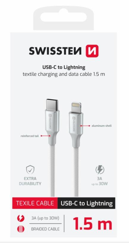 SWISSTEN DÁTOVÝ KÁBEL TEXTILE II USB-C / LIGHTNING 1,5 M BIELÝ