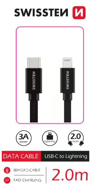 SWISSTEN DÁTOVÝ KÁBEL TEXTILE USB-C / LIGHTNING 2,0 M ČIERNY