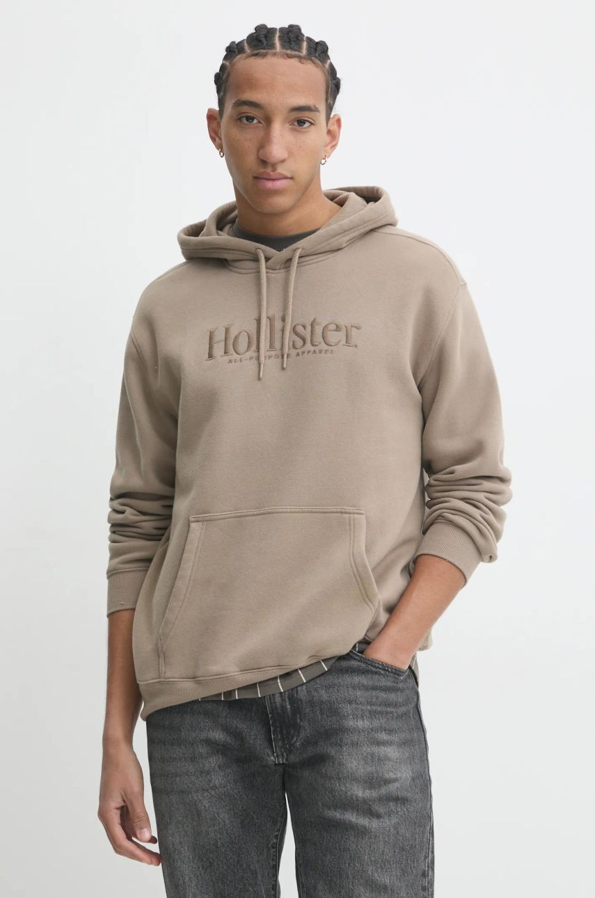 Mikina Hollister Co. pánska, béžová farba, s kapucňou, s nášivkou, KI322-4140