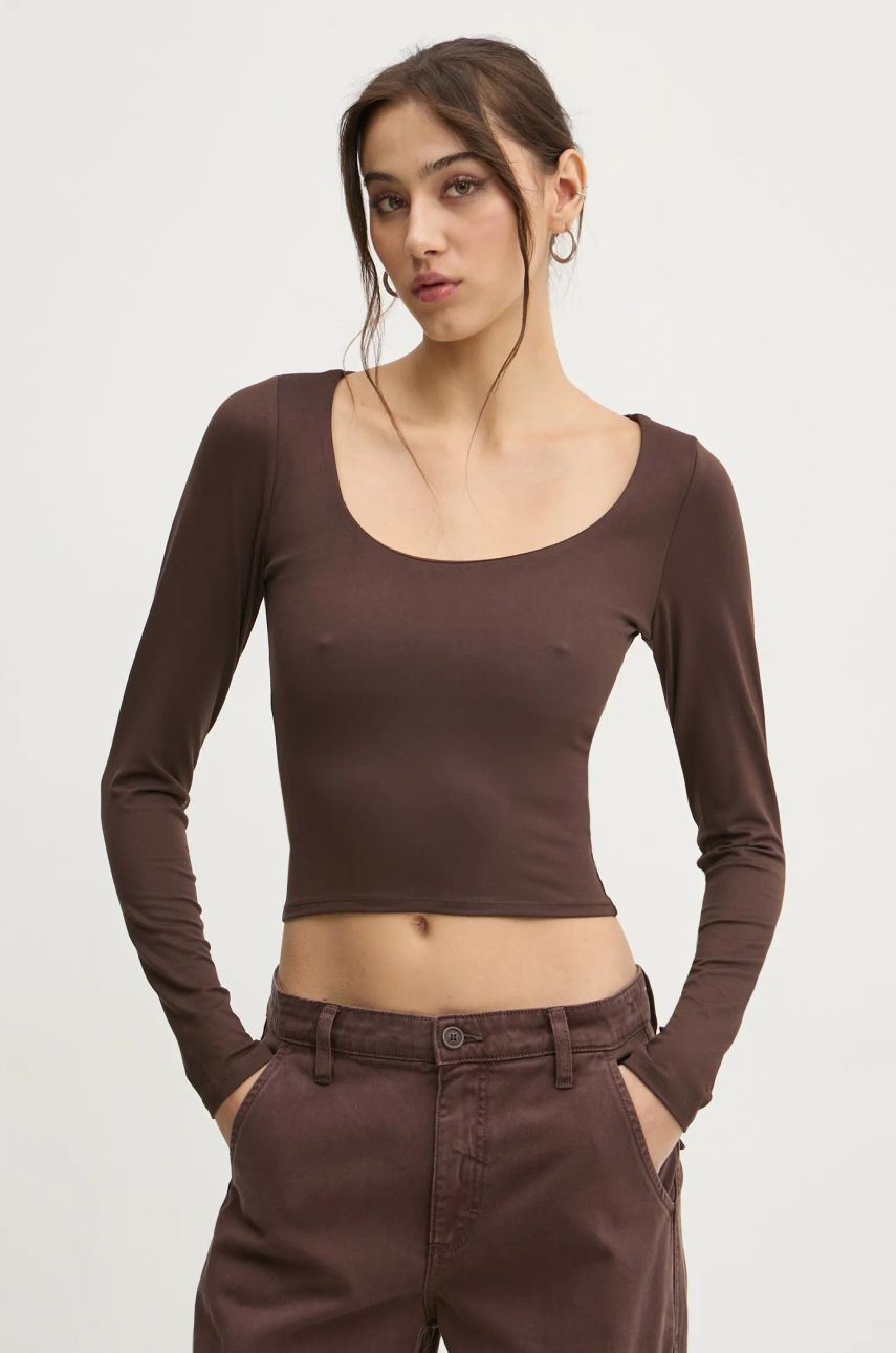 Tričko s dlhým rukávom Hollister Co. dámske, hnedá farba, KI339-3626