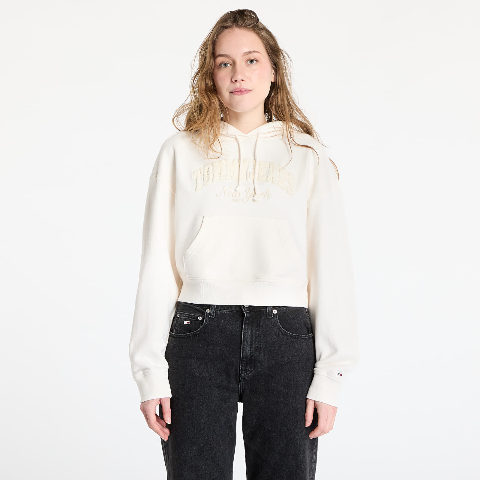 Mikina Tommy Jeans Boxy Crop Varsity Hoodie White L