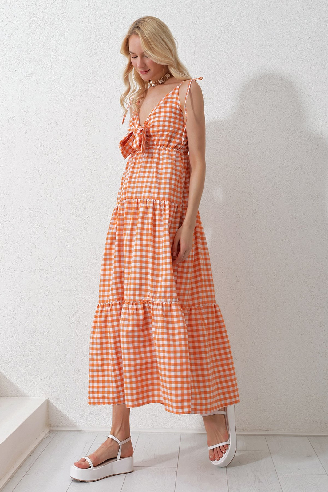 Trend Alaçatı Stili Women's Orange Strappy Layered Flounced Front Lace-up Maxi Length Poplin Woven Dress