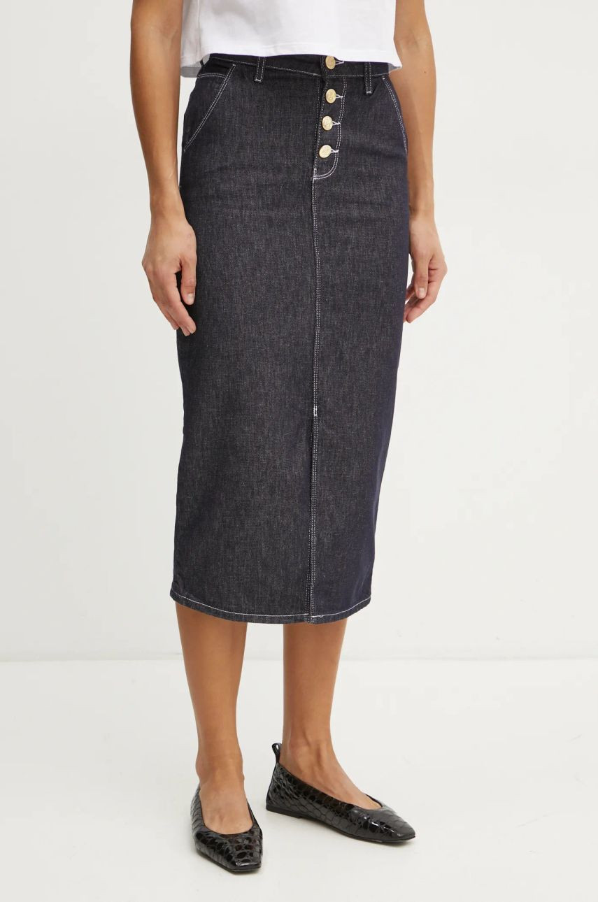 Rifľová sukňa Karl Lagerfeld tmavomodrá farba, midi, puzdrová, A1W12027