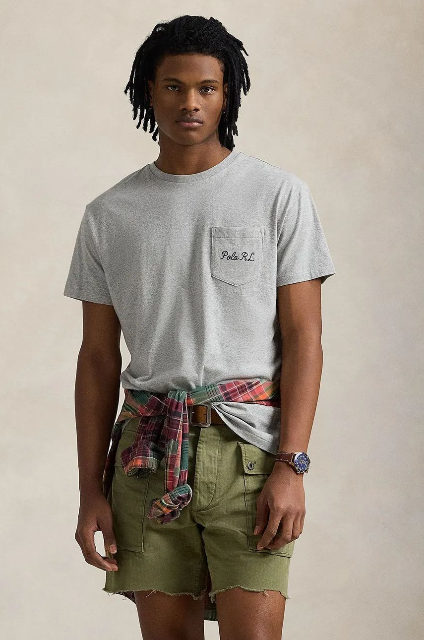 Bavlnené tričko Polo Ralph Lauren pánske, šedá farba, s potlačou, 710961125