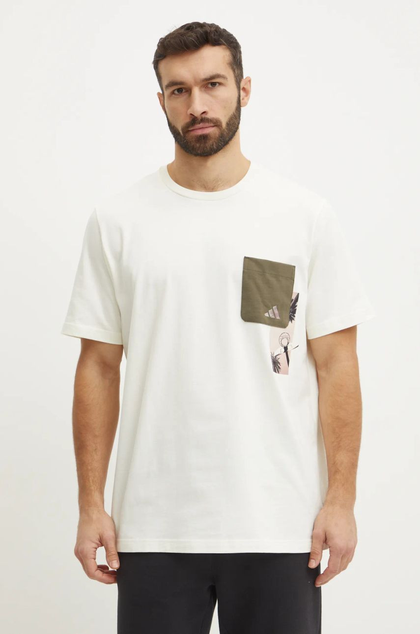 Bavlnené tričko adidas M T LENS PKT T pánske, béžová farba, s potlačou, JJ3928