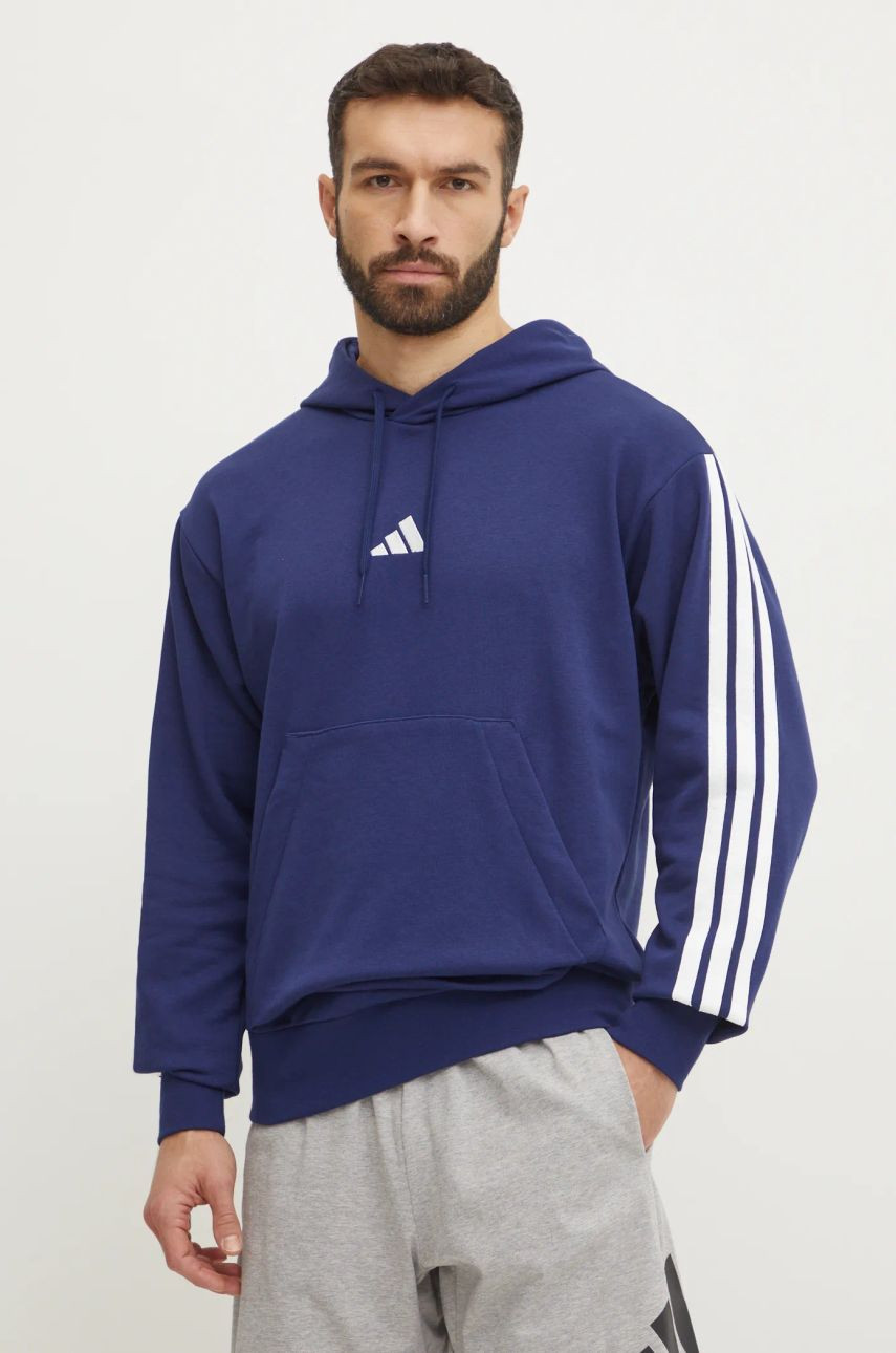 Mikina adidas Essentials pánska, tmavomodrá farba, s kapucňou, s nášivkou, JD1872