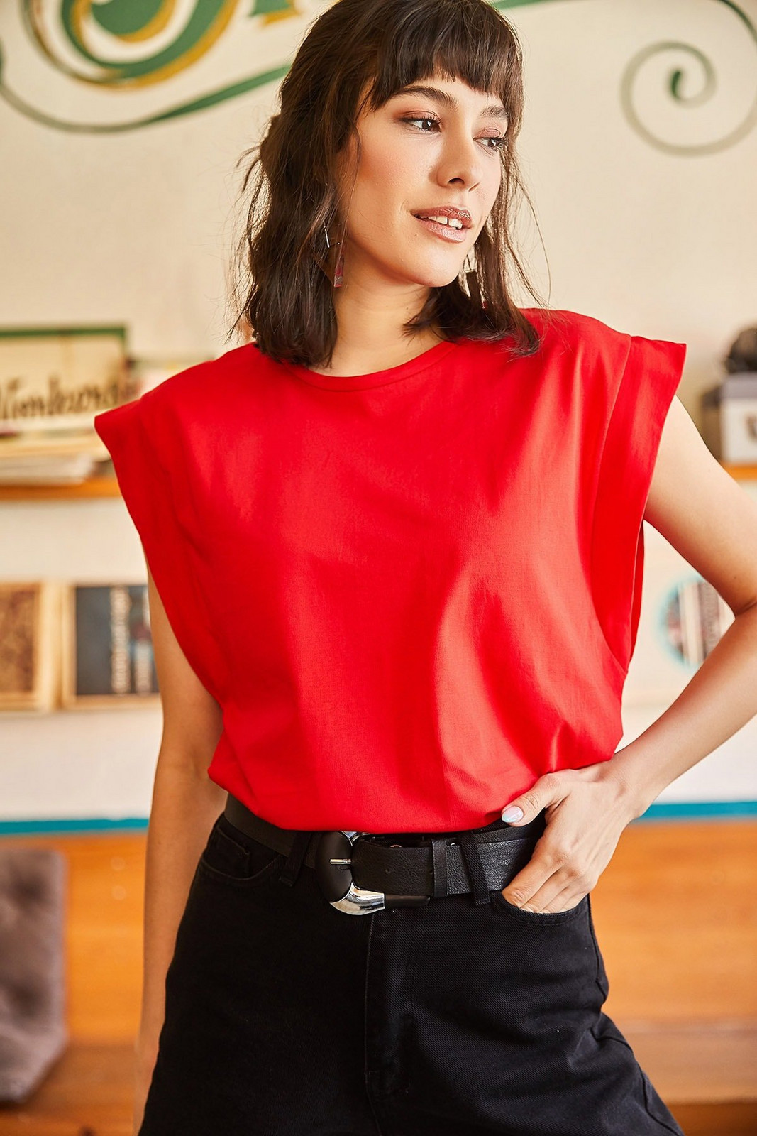 Olalook Women's Red Armpit-Piece Bat-T-Shirt
