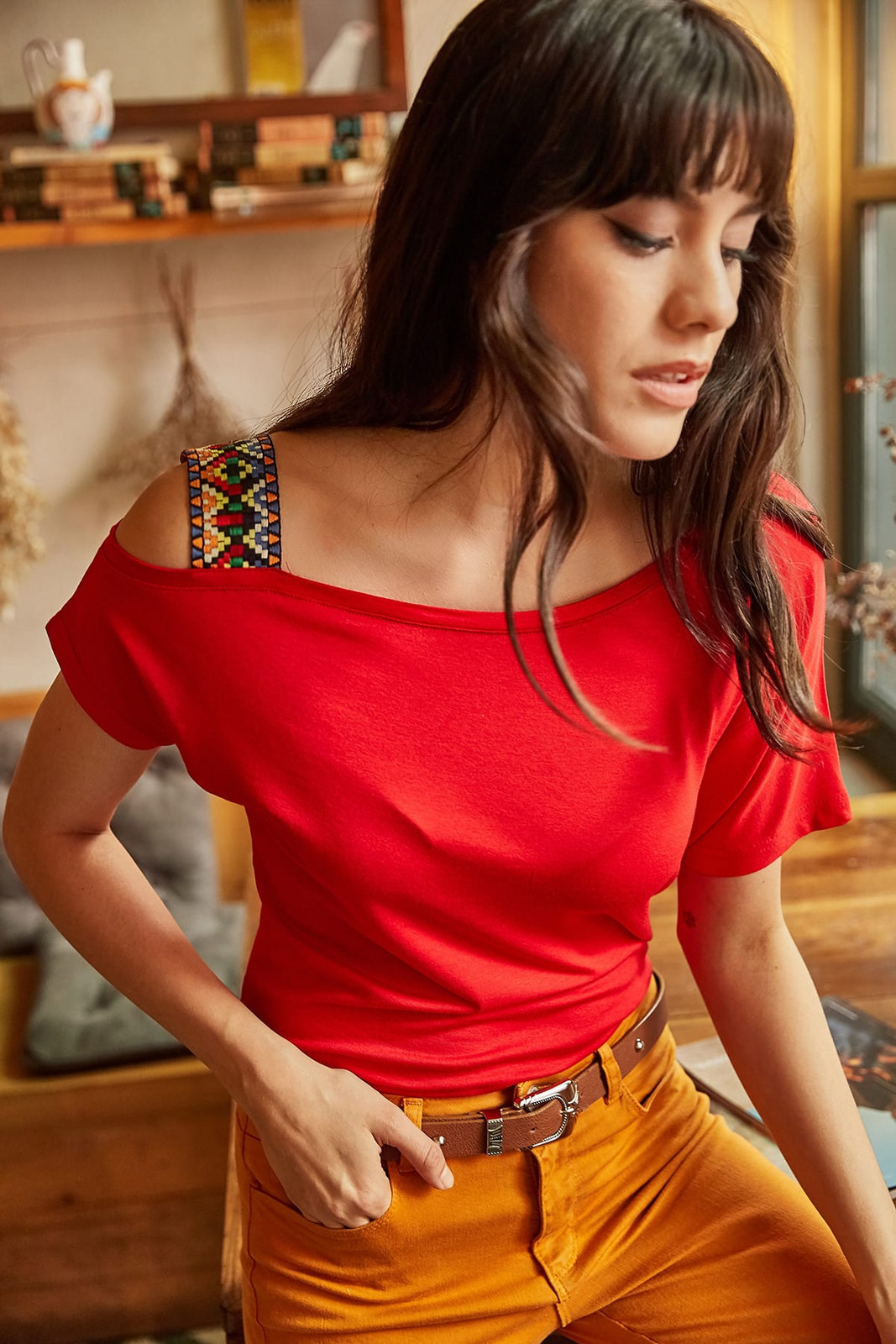 Olalook Women's Red One-Shoulder Ethnic Garnish Blouse