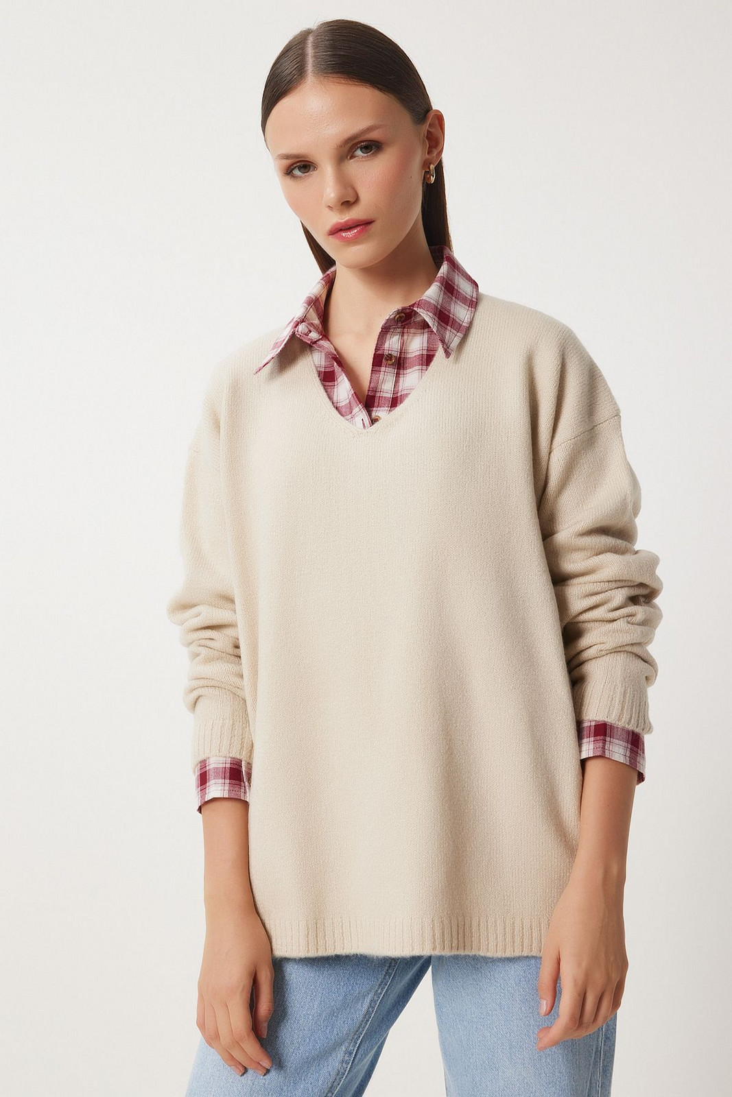 Happiness İstanbul Women's Beige V-Neck Knitwear Sweater
