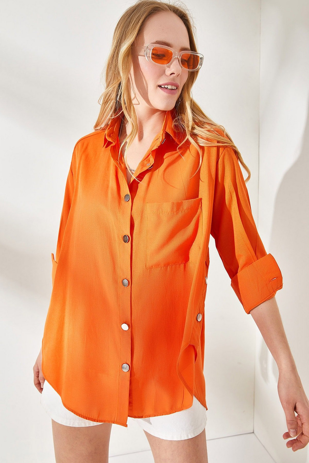 Olalook Women's Orange Button Detailed Oversize Woven Shirt
