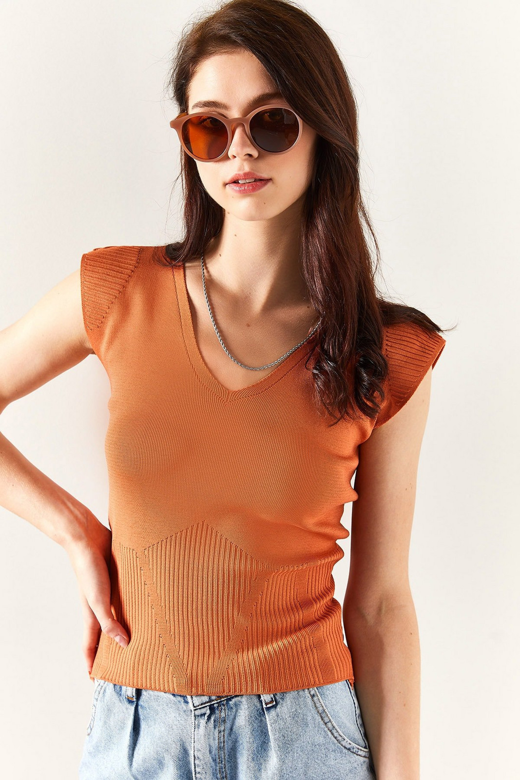 Olalook Women's Onion Skin Shoulder And Skirt Detailed Front Back V Knitwear Blouse