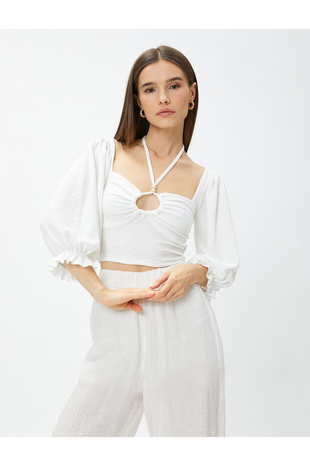 Koton Crop Blouse Gimped Balloon Sleeve Collar Detailed