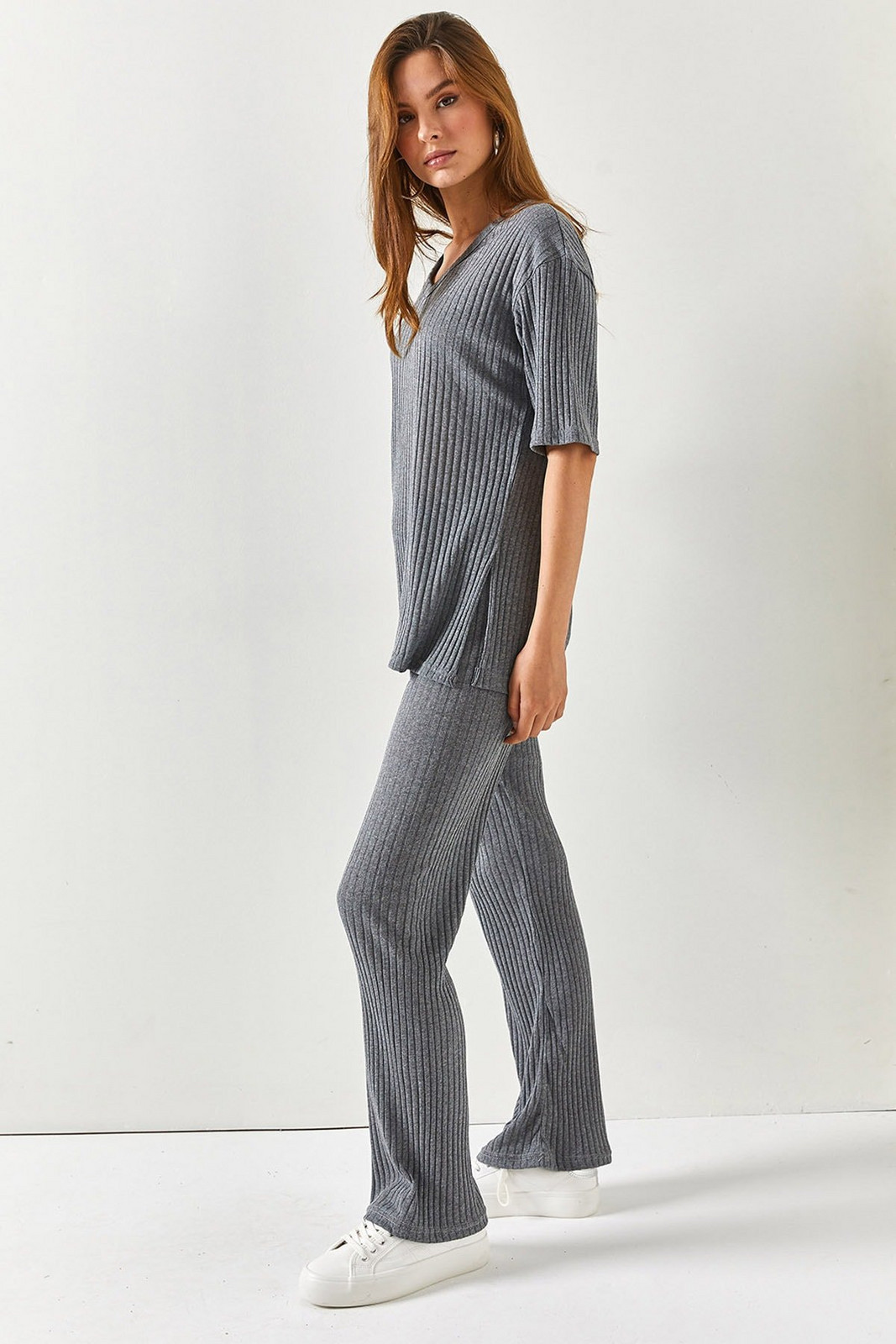 Olalook Women's Anthracite Top V-neck Bottom Palazzo Corduroy Suit
