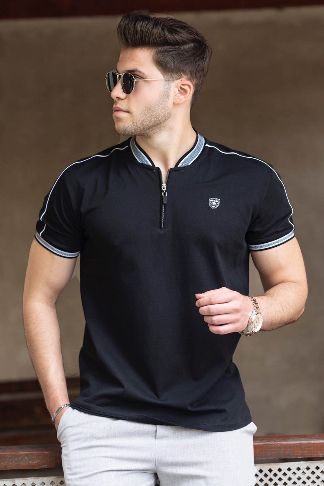 Madmext Black Polo Neck Men's T-Shirt 9281