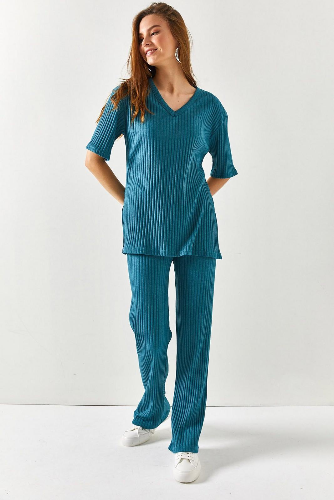 Olalook Women's Petrol Blue Top V-neck Bottom Palazzo Corduroy Suite