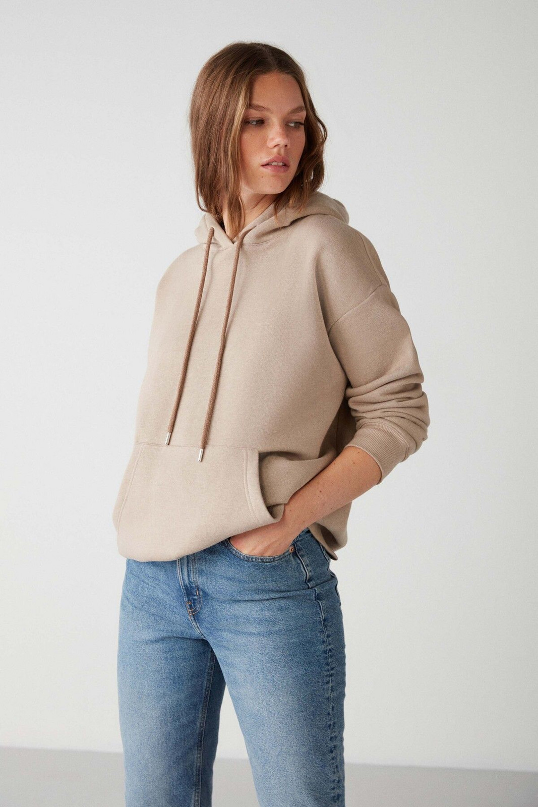 GRIMELANGE Adel Women's Organic Cotton Polar Fleece Soft Relaxed Kangaroo Pocket Hooded Beige Sweatshirt