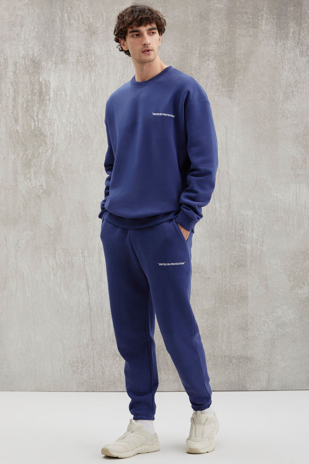 GRIMELANGE Marshall Men's Cotton Fleece Embroidered Relaxed Navy Blue Tracksuit Se