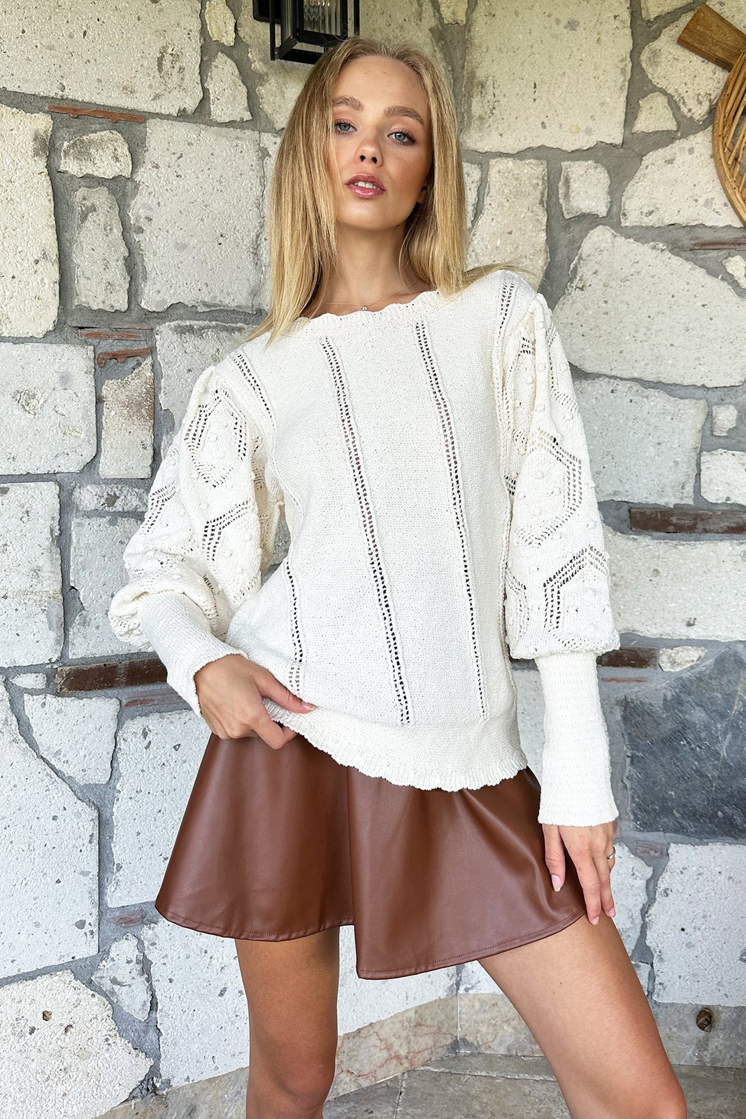 Trend Alaçatı Stili Women's Cream Boat Neck Balloon Sleeve Openwork Knitwear Sweater
