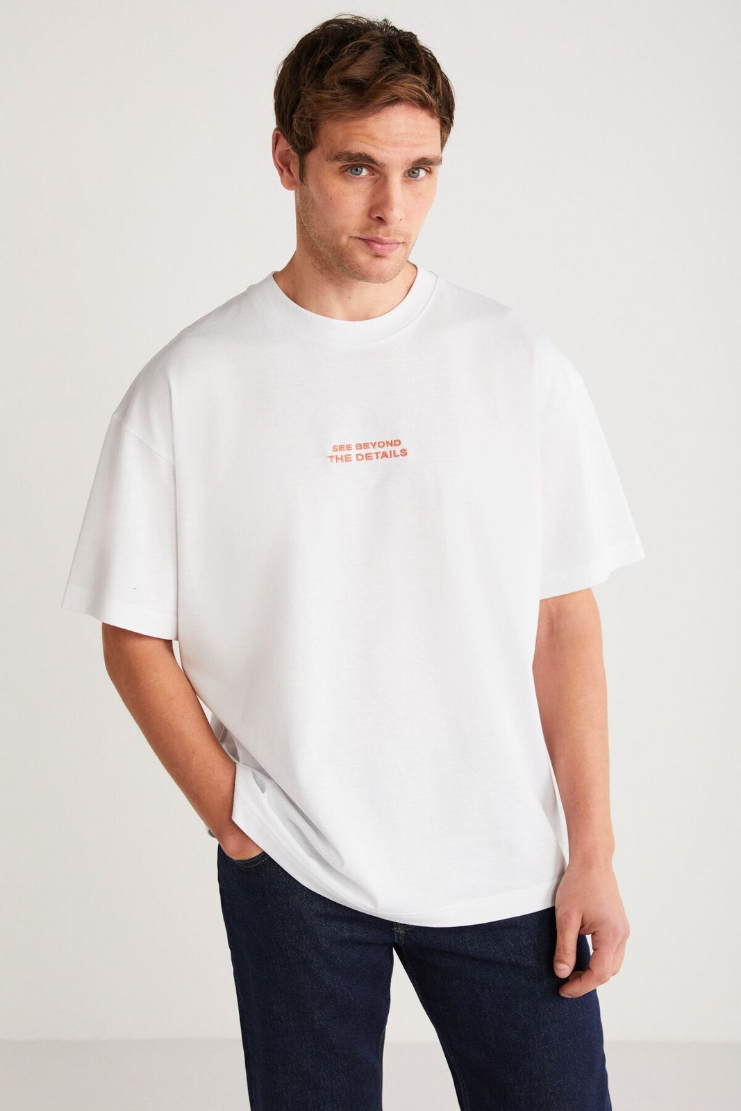 GRIMELANGE VITO Men's 100% Cotton Front Printed Short Sleeve Oversize White T-Shirt
