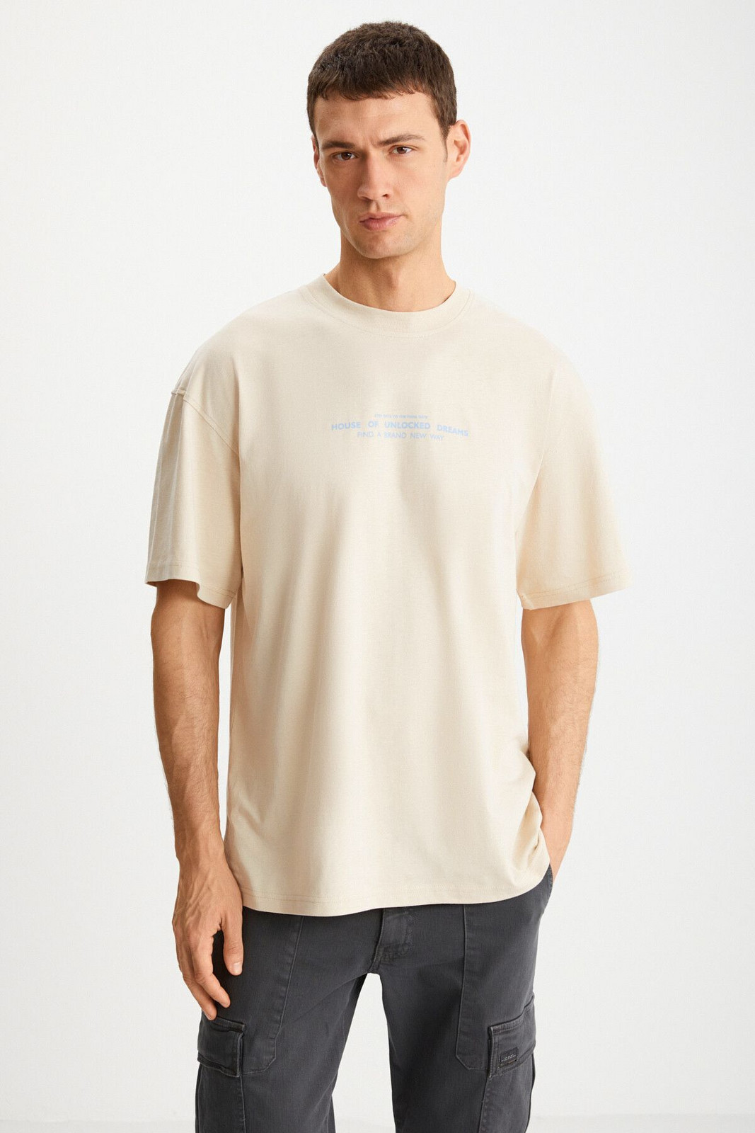 GRIMELANGE Men's Thick Textured Print Detail Oversize &100 Organic Cotton Beige T-shirt