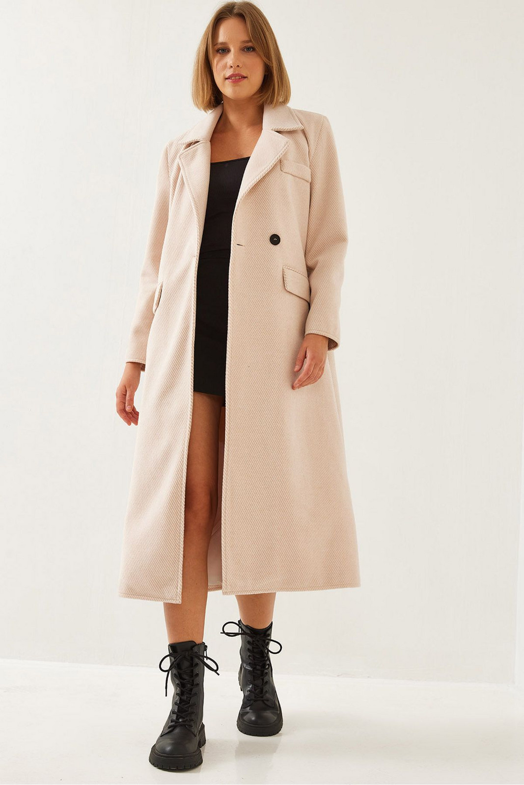 Bianco Lucci Women's Sleeve Badge Detail Long Cashmere Coat 2496