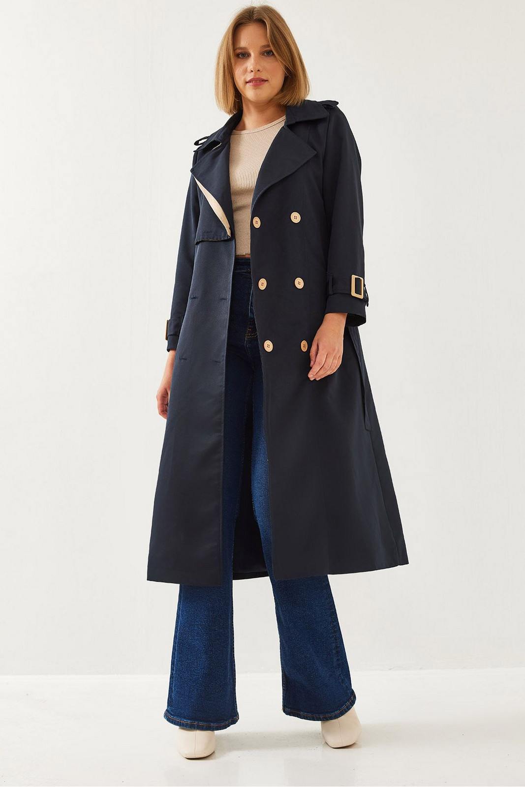 Bianco Lucci Women's Garni Windbreaker Detail Flap Trench Coat 2488