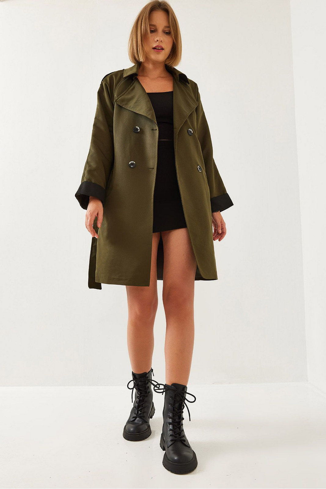 Bianco Lucci Women's Sleeve Garni Detail Belted Trench Coat 2447
