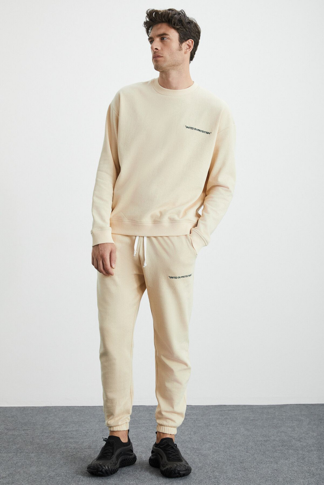 GRIMELANGE Marshall Men's Cotton Fleece Inside Embroidered Relaxed Vanilla Tracksuit Se