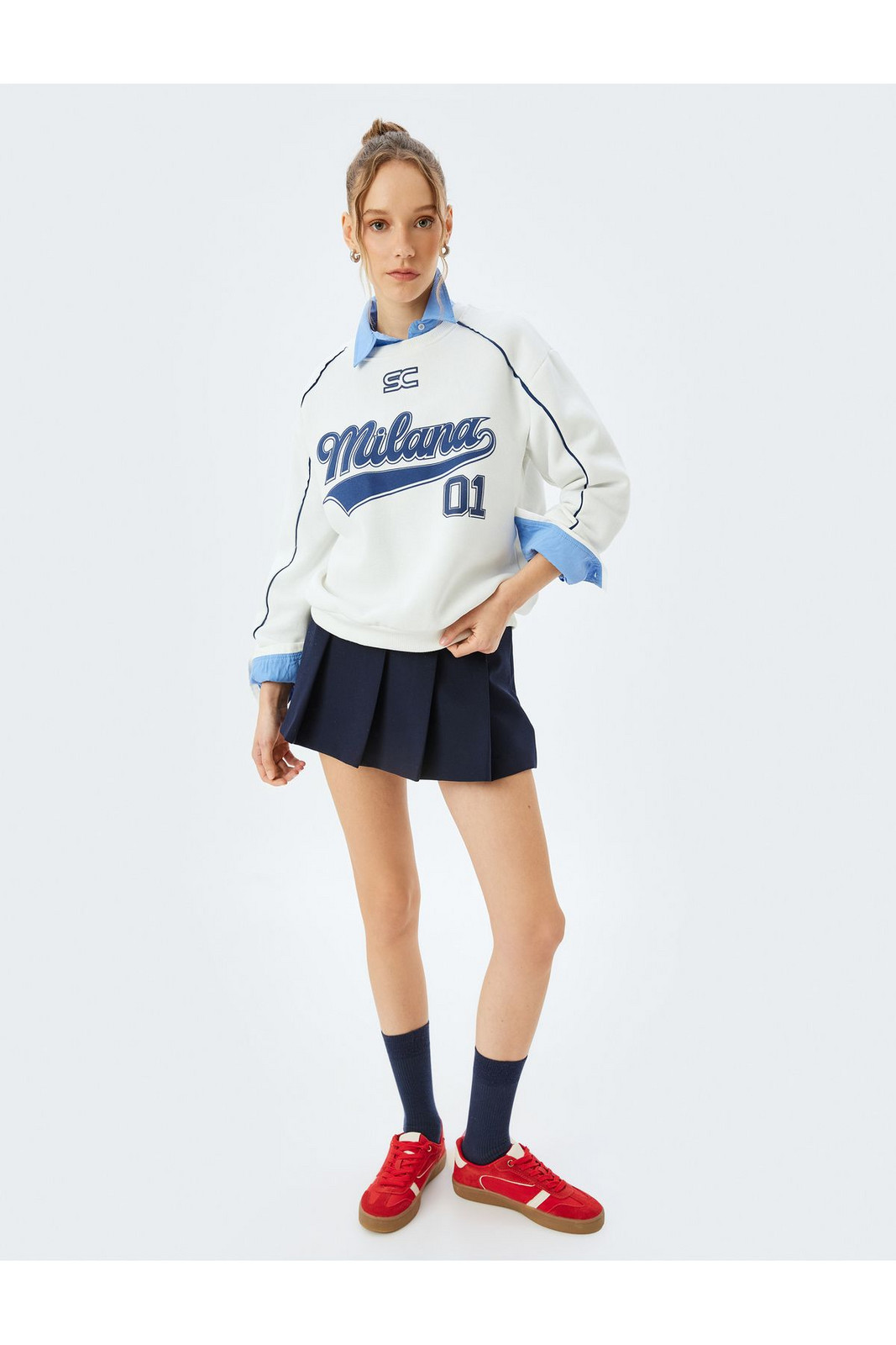 Koton College Themed Crew Neck Sweatshirt with Raised Piping and Printed Back