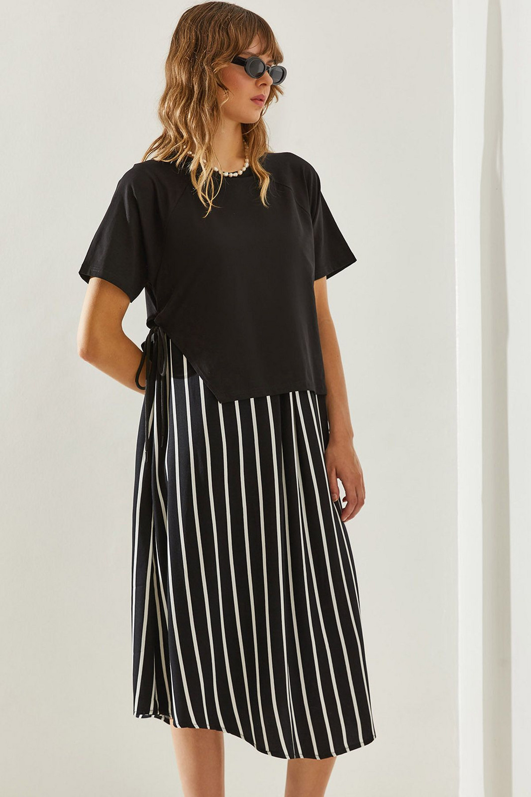 Bianco Lucci Women's Side Tie Skirt Patterned Short Sleeve Dress