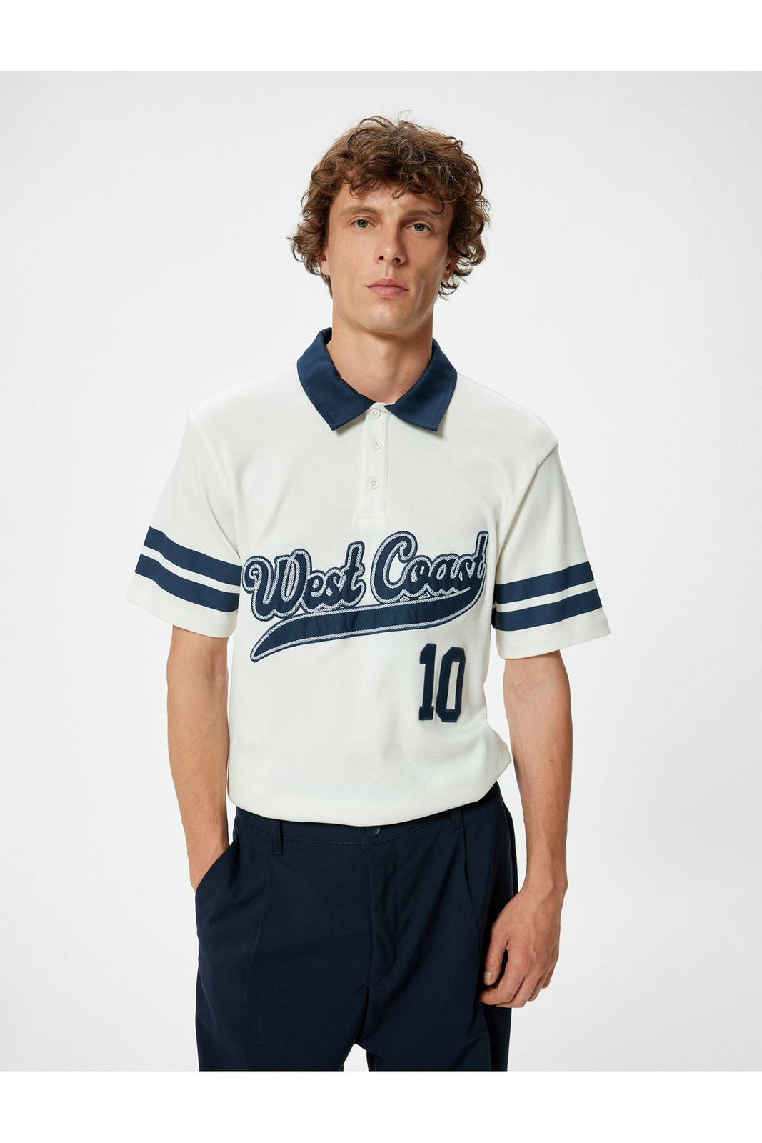 Koton College T-Shirt Polo Neck Oversize Short Sleeve Button Detailed Cotton