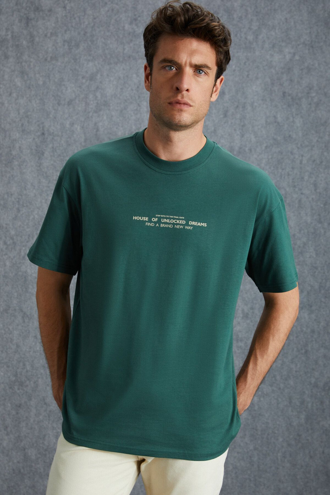 GRIMELANGE Frank Men's Thick Textured Print Detail Oversize & 100 Organic Cotton Green T-shirt