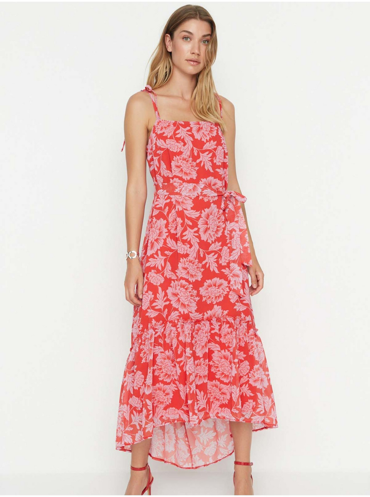 Red Floral Strappy Midi Dress Trendyol - Women