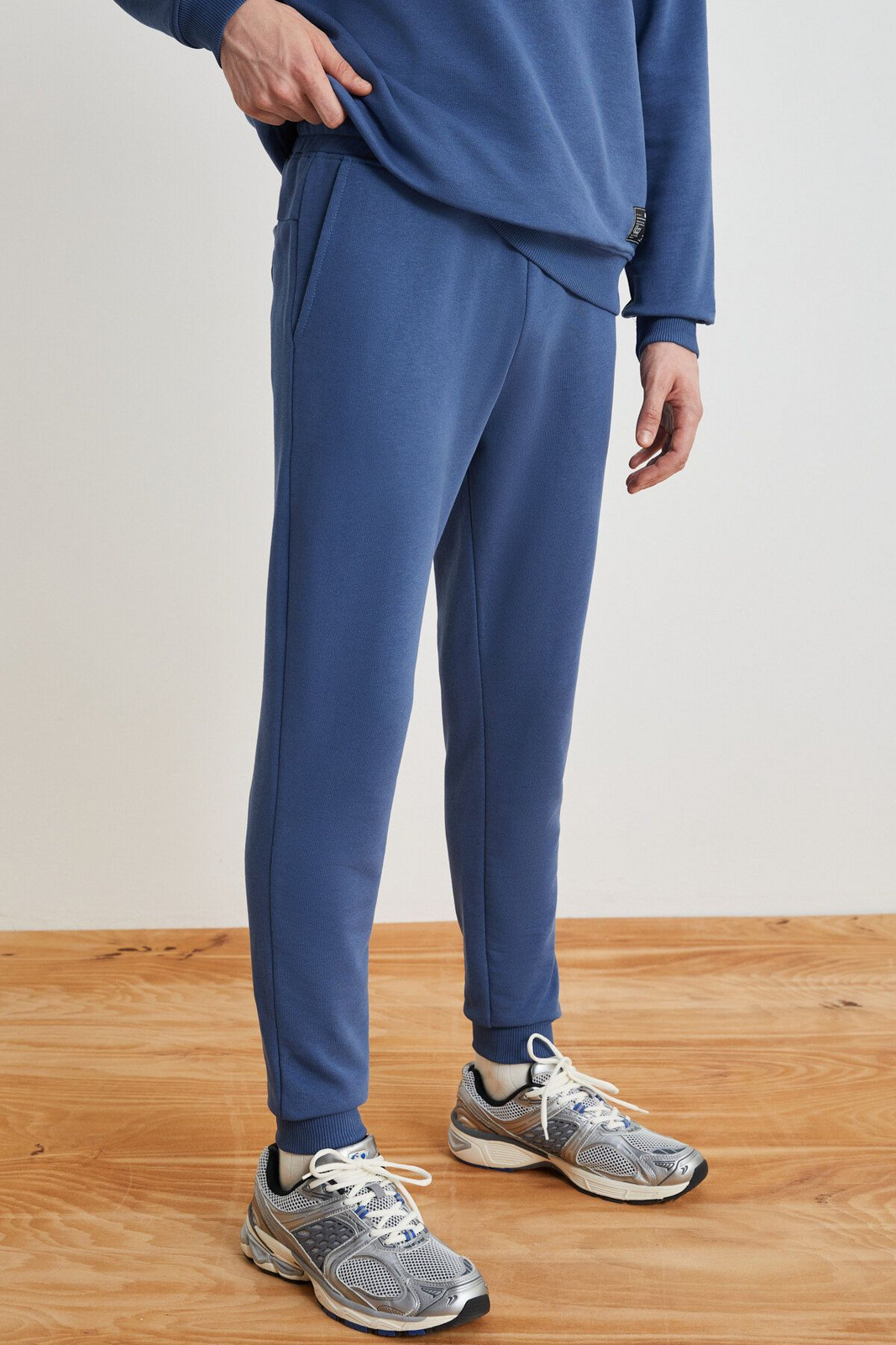 GRIMELANGE WALFRED Men's 100% Organic Cotton 3 Thread Non-Ringed Front Ribbed Navy Blue Sweatpant