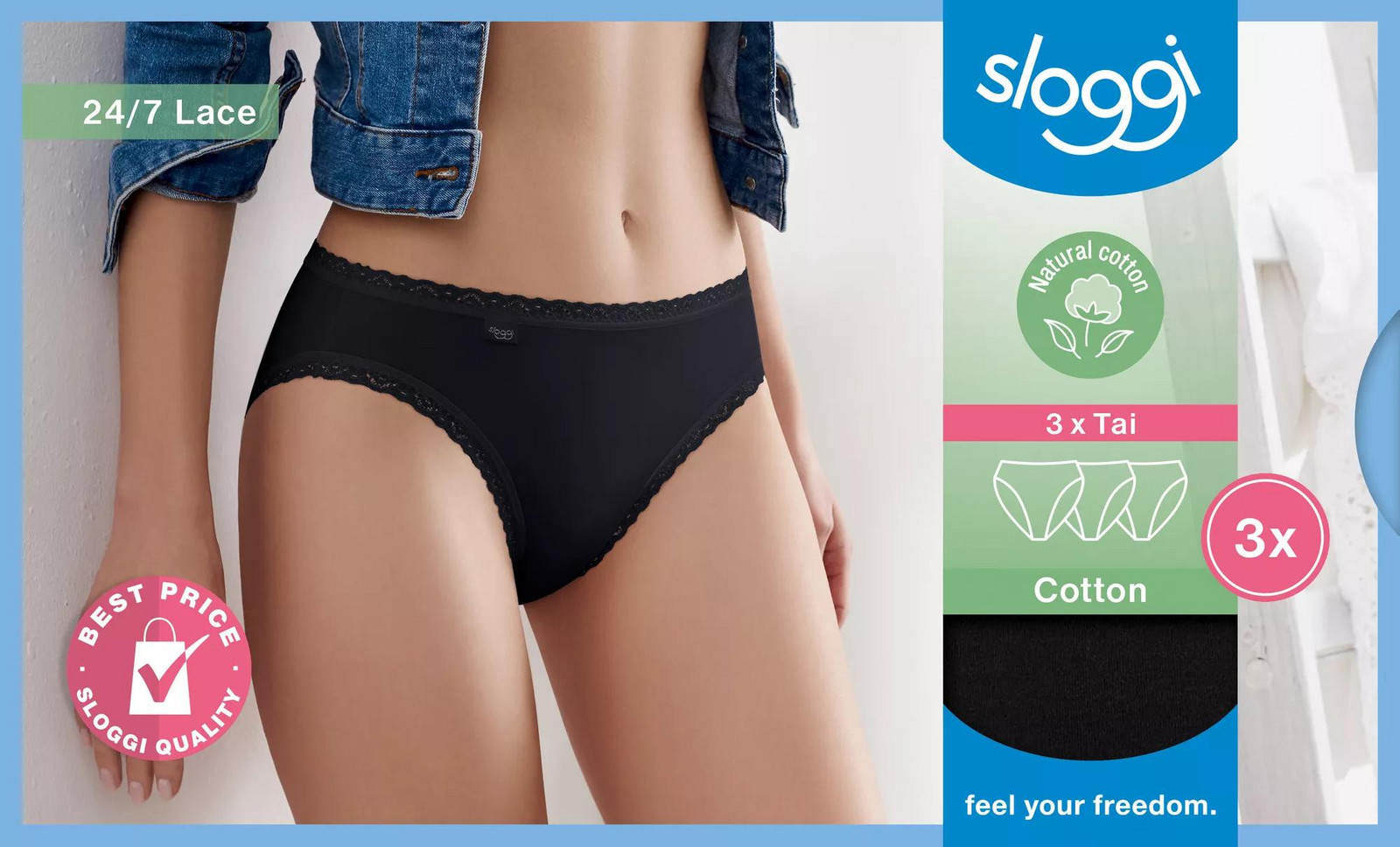 Dámske nohavičky sloggi 24/7 Cotton Lace Tai C3P - čierne - SLOGGI BLACK 42