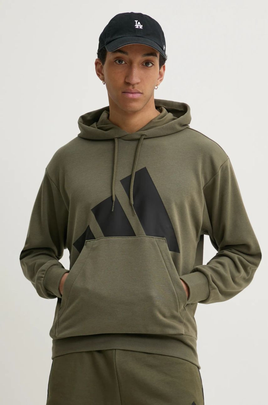 Mikina adidas Essentials pánska, zelená farba, s kapucňou, s potlačou, JE8892