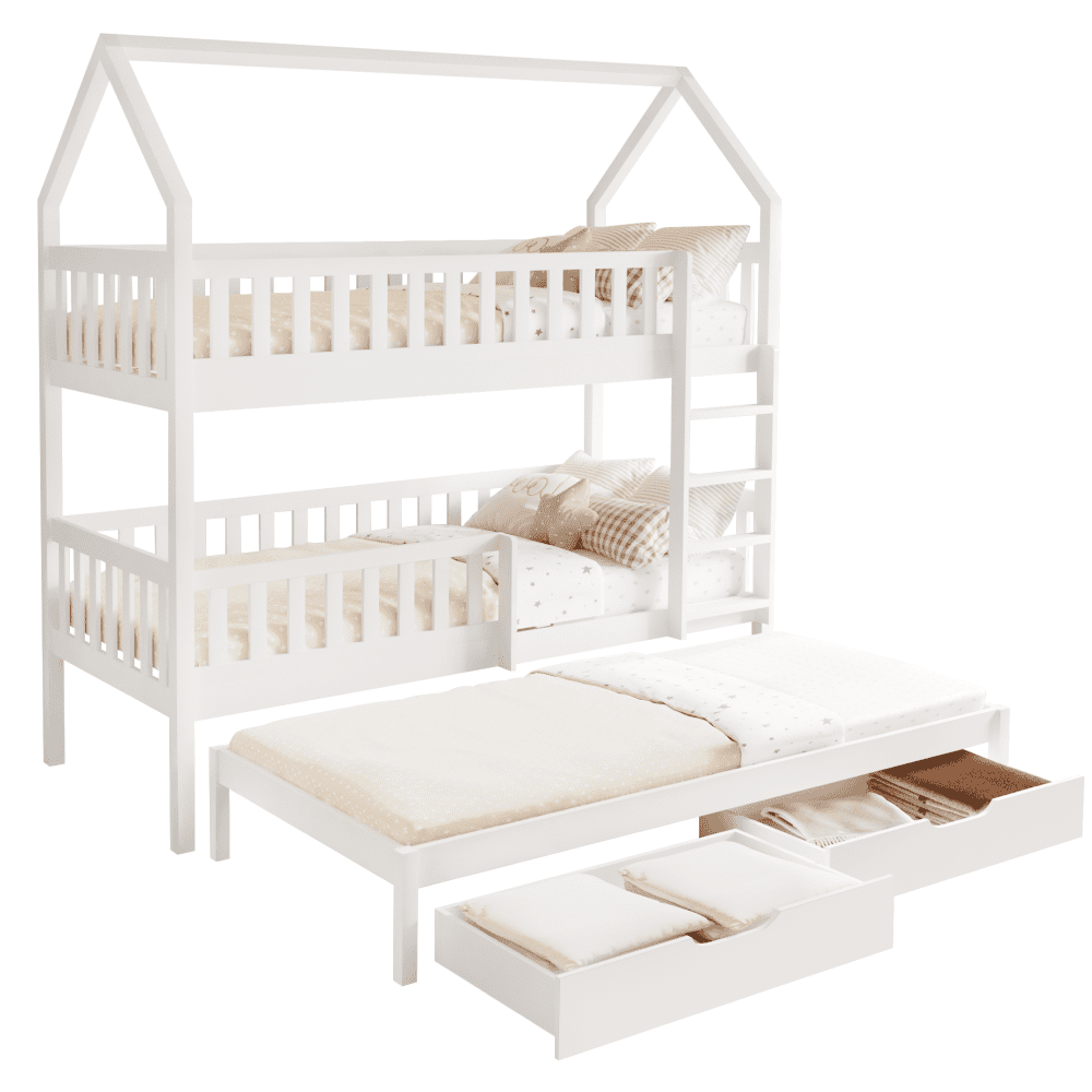 Montessori poschodová posteľ s prístelkou, biela, VENITA TYP 1