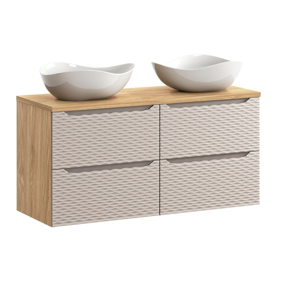 Závěsná skříňka Ocean s deskou a umyvadly 120 cm béžová/dub olejovaný