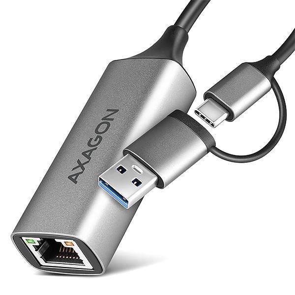 AXAGON ADE-TXCA, USB-C + USB-A 3.2 Gen 1 - Gigabit Ethernet sieťová karta, Asix AX88179, auto inštal