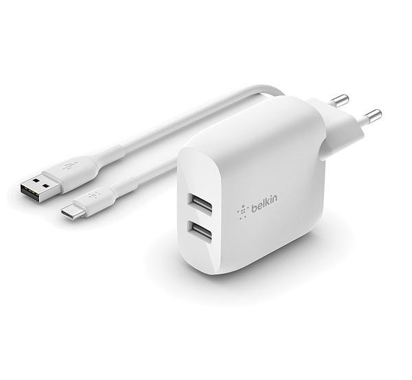 Belkin BOOST CHARGE™ Duálna 24W USB-A nástenná nabíjačka + 1m USB-C kábel, biela