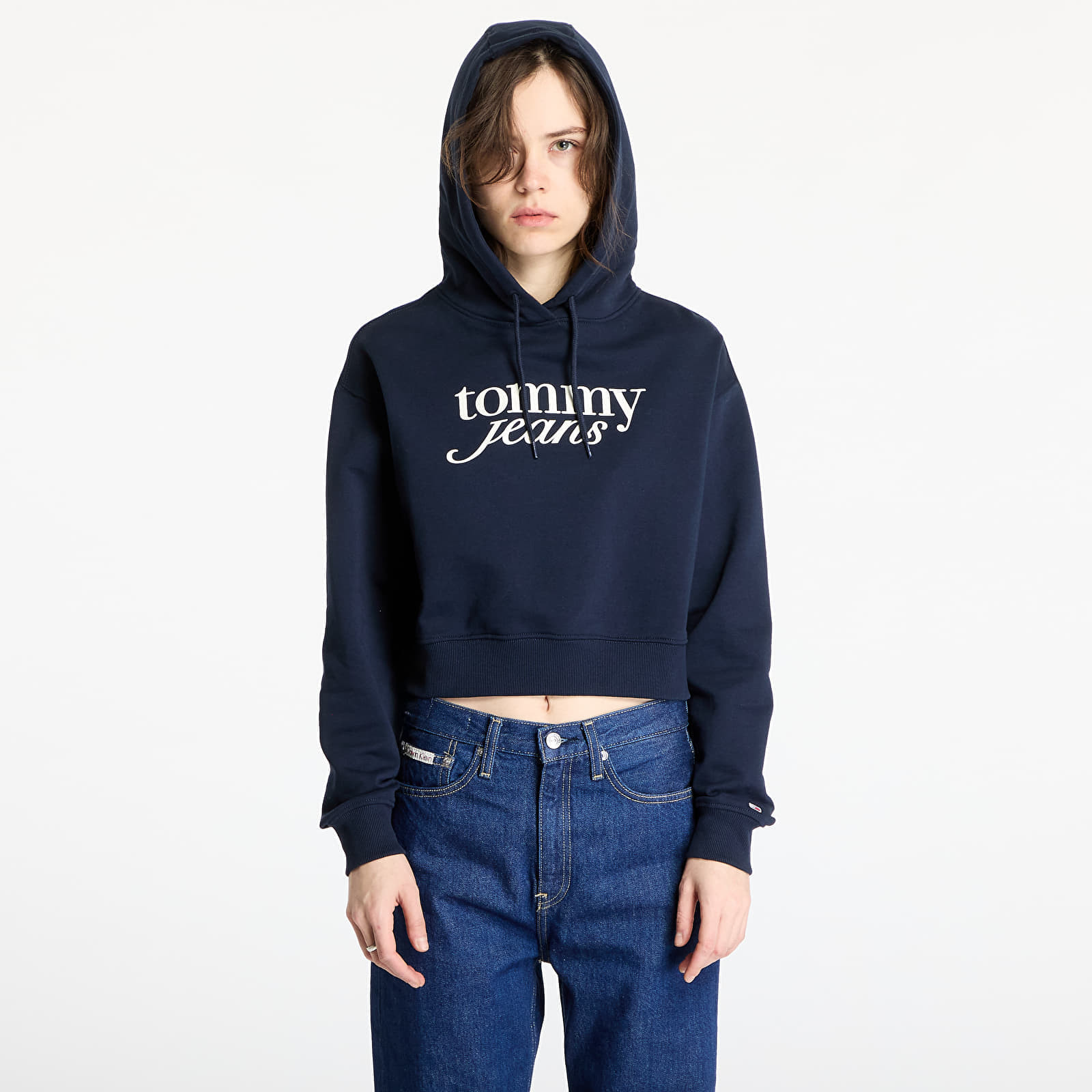 Mikina Tommy Jeans Relaxed Cropped Script Hoodie Blue M