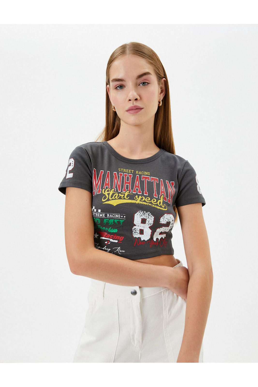 Koton Crop College T-Shirt Short Sleeve Crew Neck Cotton