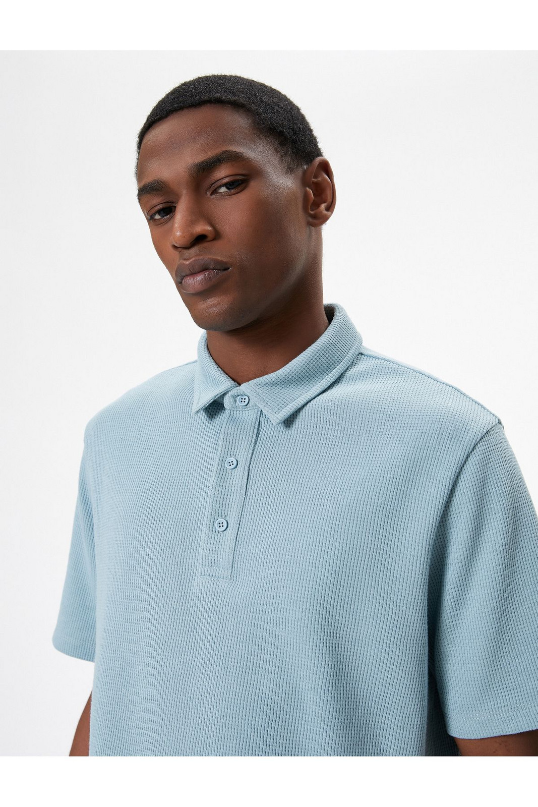 Koton Collar T-Shirt Button Detailed Short Sleeve Textured