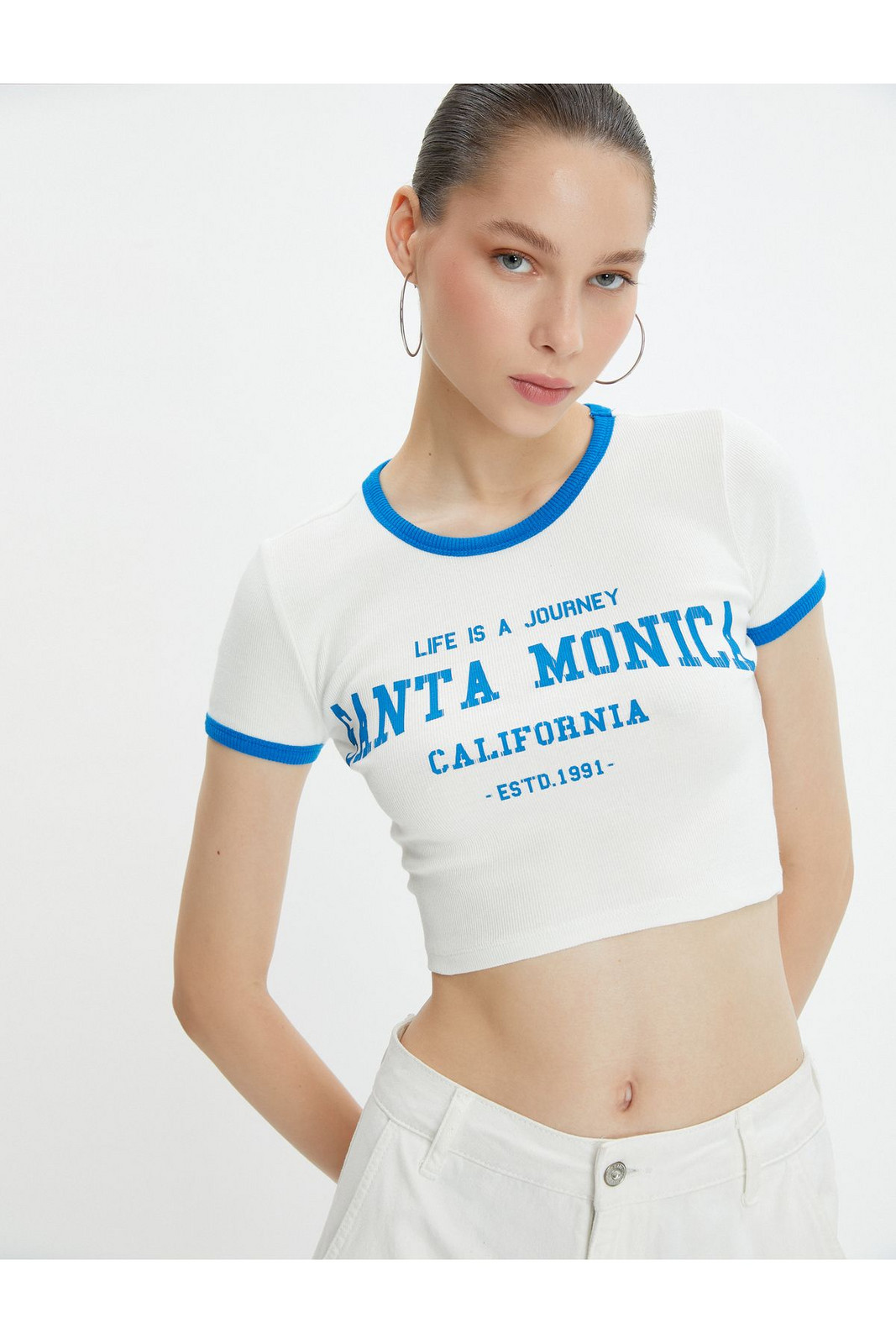 Koton Crop College T-Shirt Short Sleeve Crew Neck Piping Cotton
