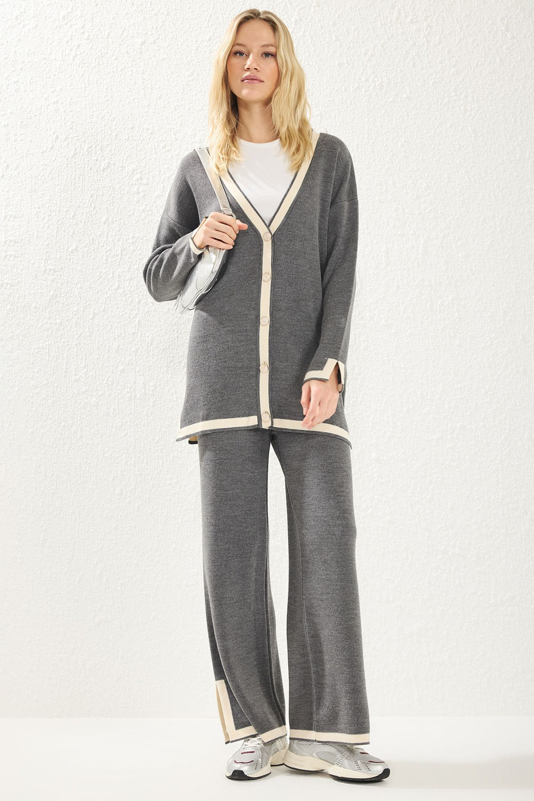Trendyol Anthracite Color Block Knitted Cardigan Trousers Top-Bottom Set