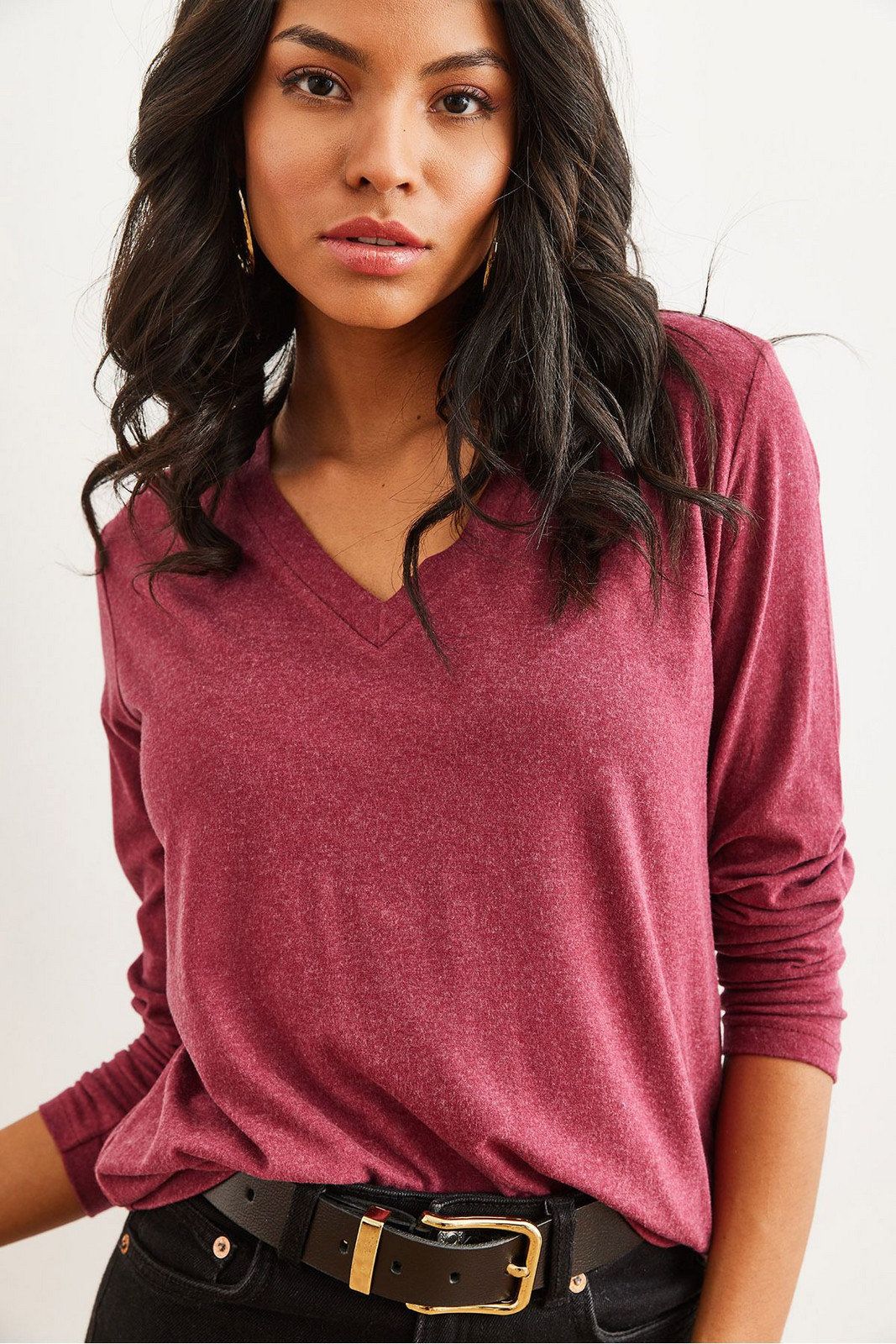 Olalook Women's Dusty Rose V Neck Wool Viscose Flowy Blouse